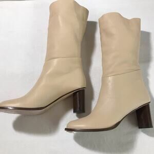 Tamara Mellon kickback sz 39 leather cylinder heel mid calf tan boots luxury